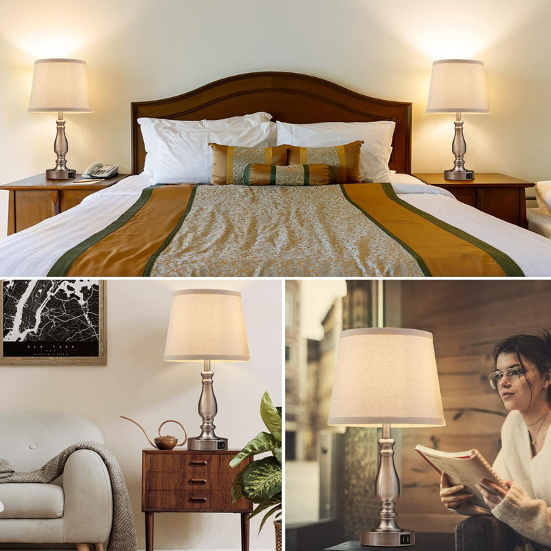 Lamps For Bedrooms Set Of 2 Brushed Nickel Bedside Lamps With USB Ports 3 Way Dimmable Nightstand Lamps With Fabric Lampshade Touch Table Lamp For